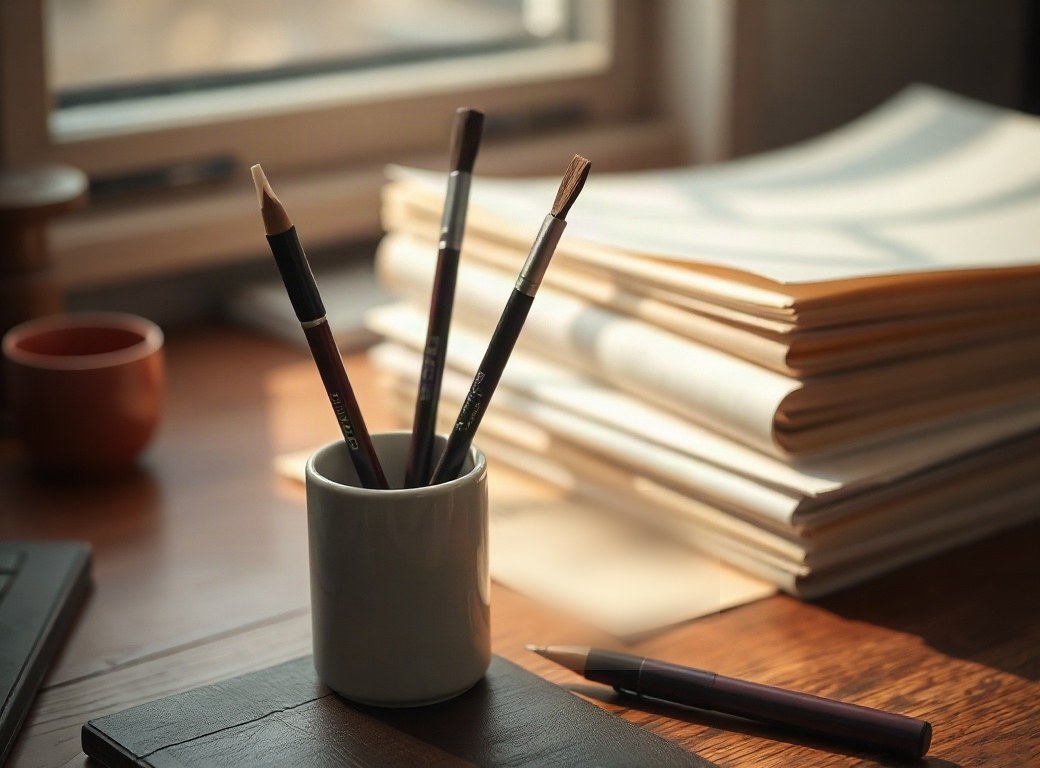Pinceles y plumas de caligrafía en una taza de cerámica junto a hojas de práctica en blanco