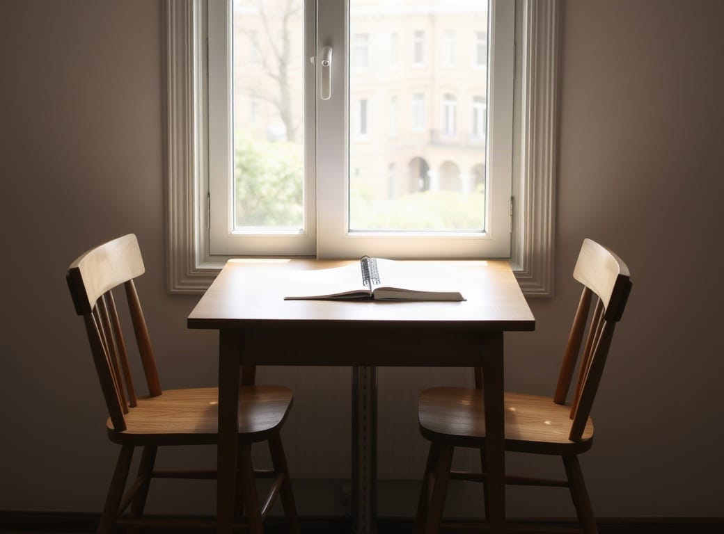 Mesa de estudio junto a una ventana con dos sillas