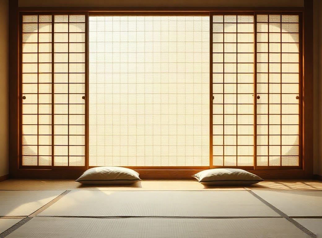 Habitación tradicional japonesa con tatami y puertas shoji
