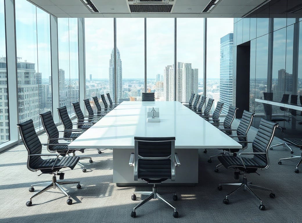 Sala de juntas corporativa con mesa larga y ventanal