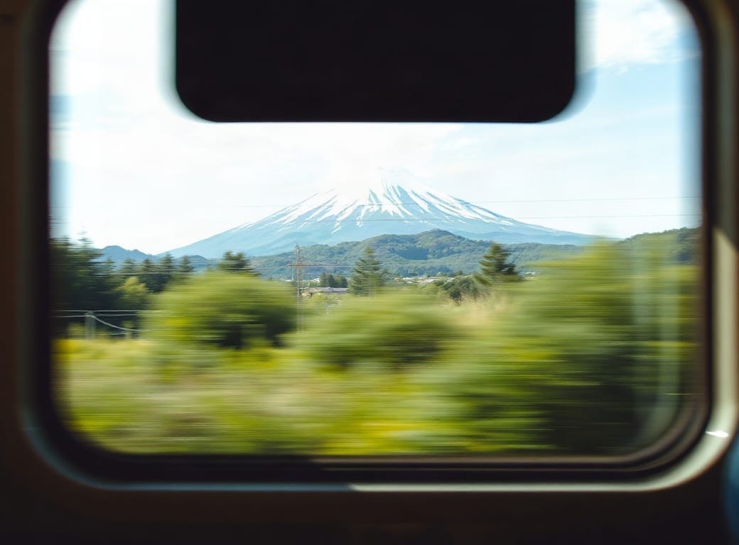 Vista del campo japonés y una montaña desde la ventana de un tren en movimiento