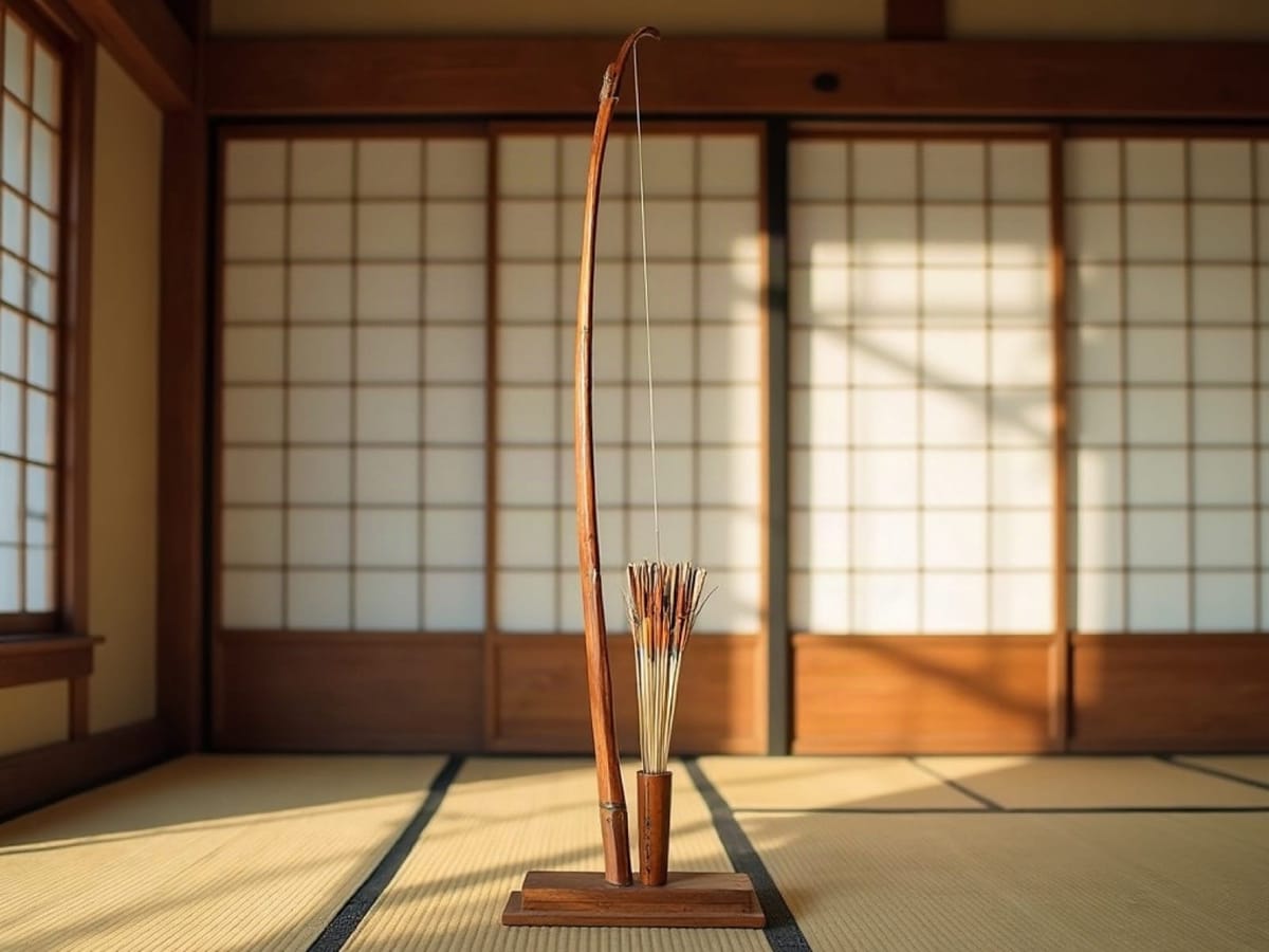 Arco japonés yumi de bambú y flechas apoyados en un soporte de madera dentro de un dojo