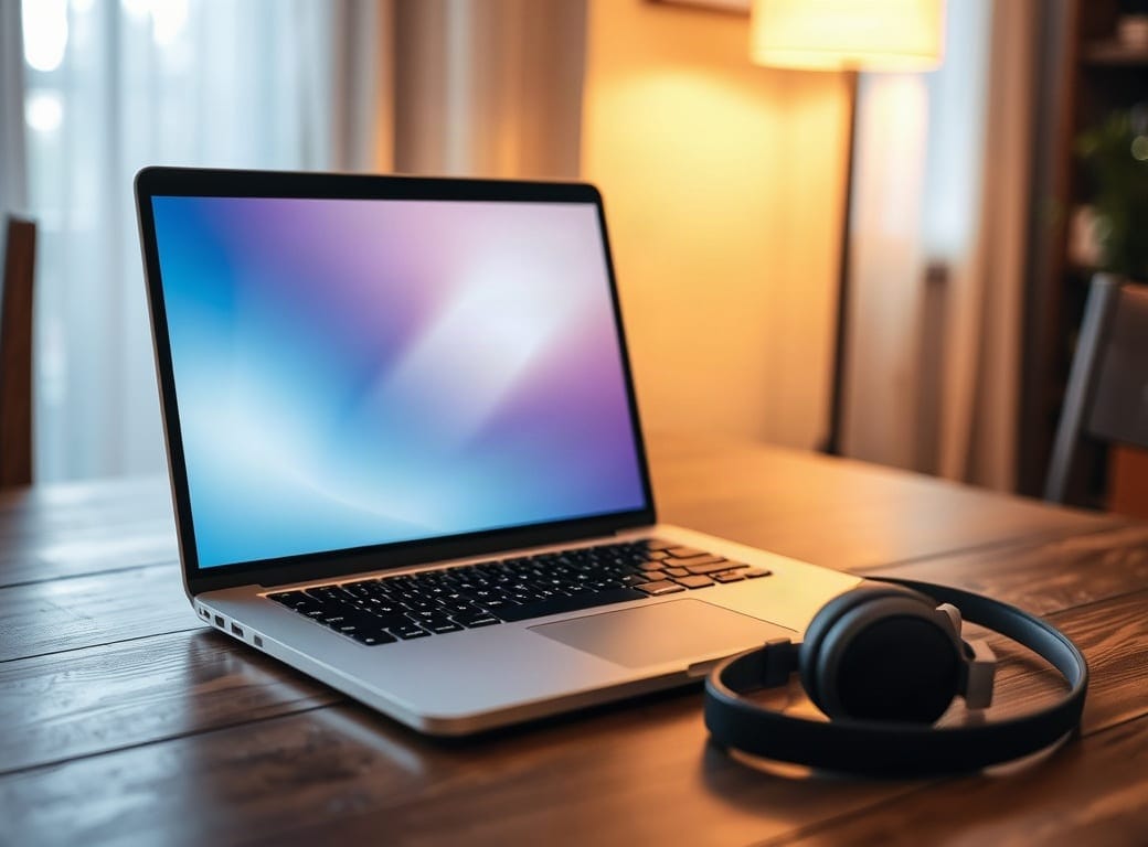 Laptop abierta sobre una mesa de madera con audífonos al lado