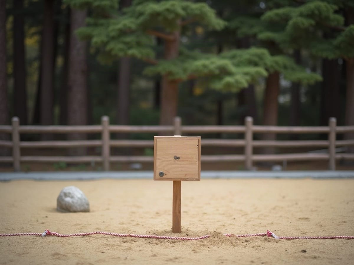Blanco cuadrado de madera sobre un poste al borde de la pista de tierra de un santuario japonés